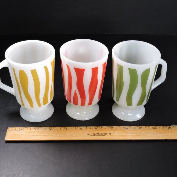 3 Vintage AH Fire King Milk Glass Coffee Mugs - Pedestal Base - Wavy Lines - Picture 13 of 16